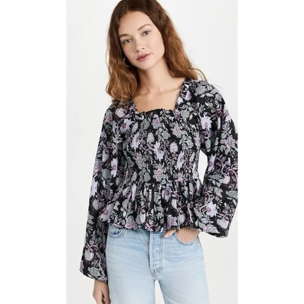 Millie Circe Smocked Puff Sleeve Top Tropical Night Black Floral Cotton Peplum